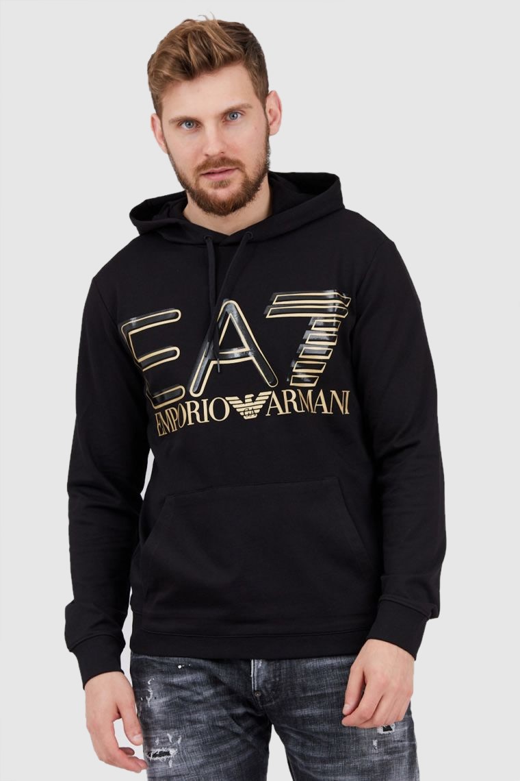 EA7 Black men's hoodie with gold logo