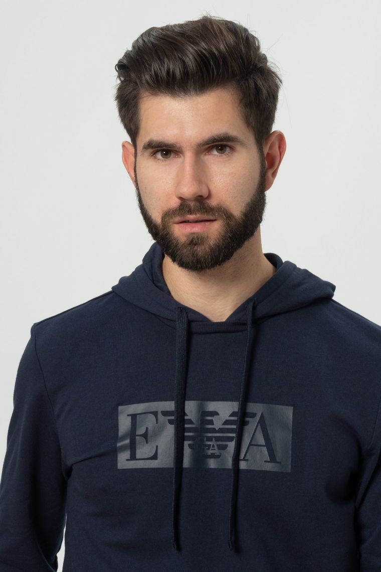 EMPORIO ARMANI Чоловічий темно-синій світшот з капюшоном та логотипом