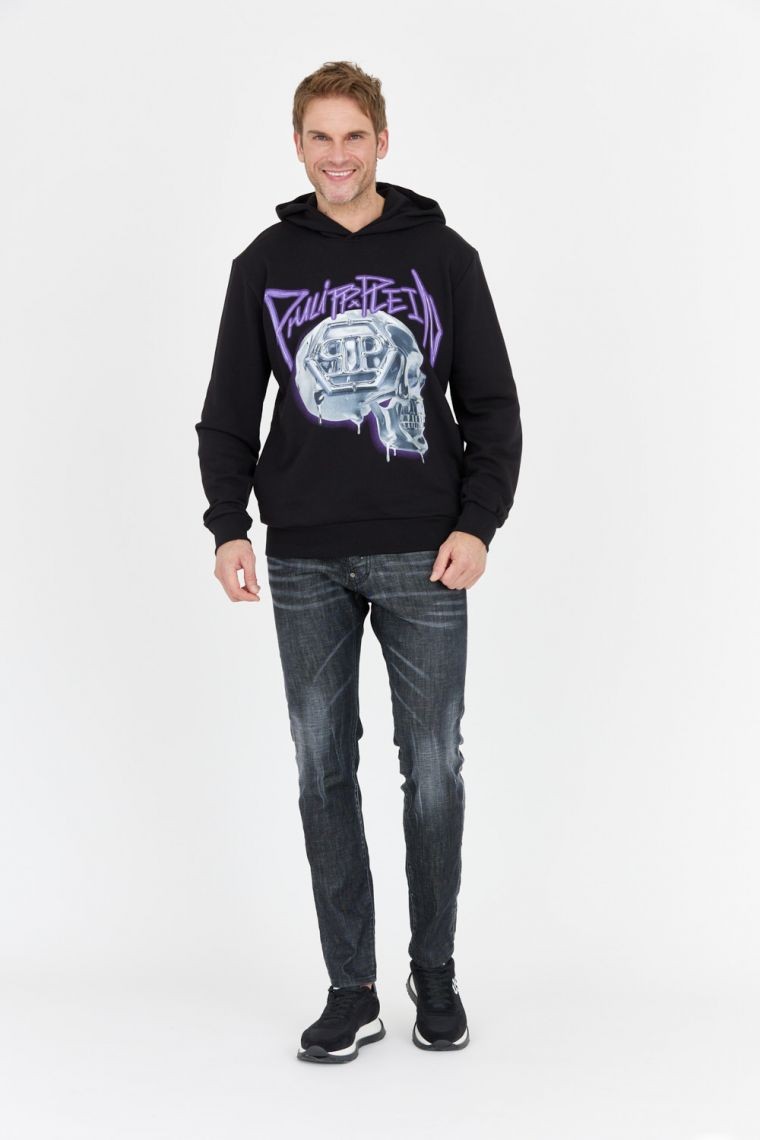 PHILIPP PLEIN Black men's skull hooded sweatshirt