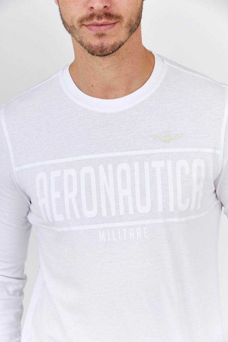 AERONAUTICA MILITARE Biały longsleeve męski z aksamitnym logo