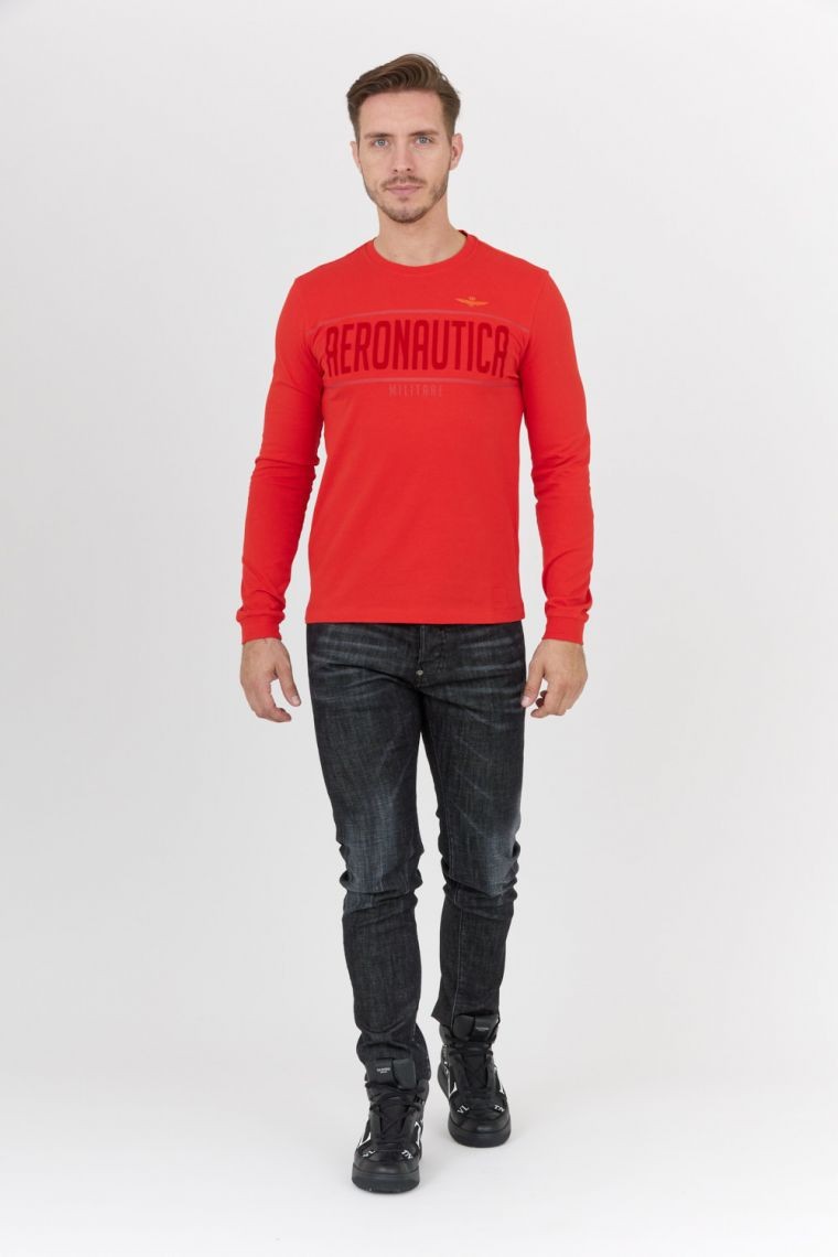 AERONAUTICA MILITARE Czerwony longsleeve męski z aksamitnym logo