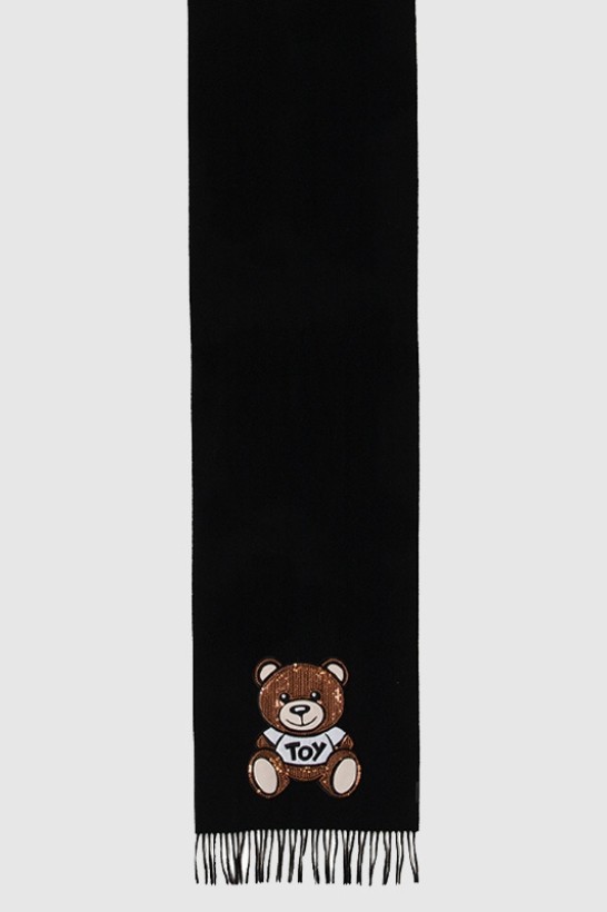 MOSCHINO Czarny szalik damski z misiem z cekinów