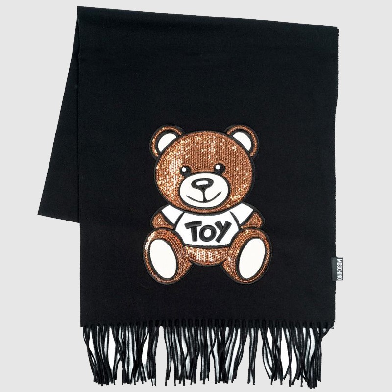 MOSCHINO Czarny szalik damski z misiem z cekinów