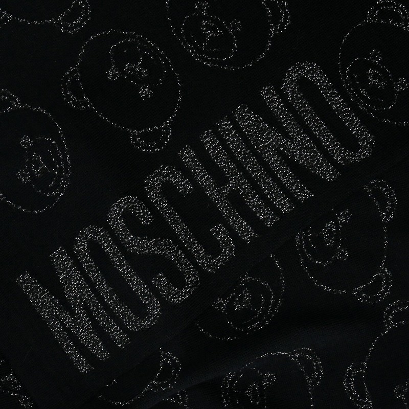 MOSCHINO Dwustronny czarny szalik damski w srebrne misie