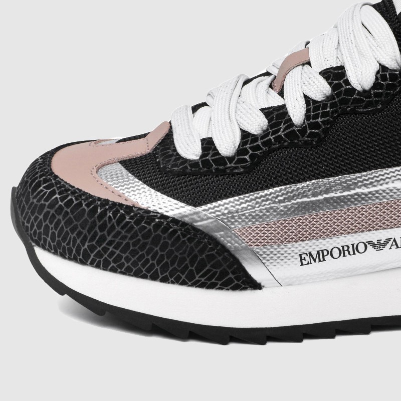 EMPORIO ARMANI Czarne sneakersy damskie ze srebrnymi elementami