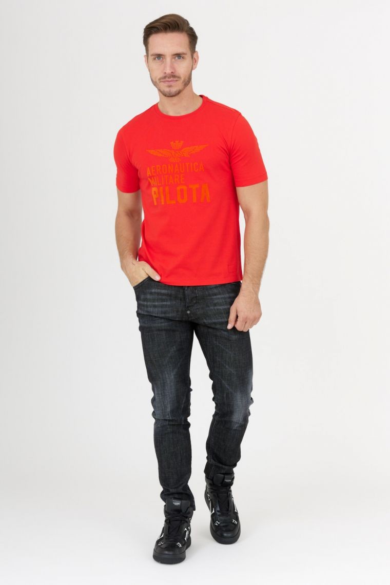 AERONAUTICA MILITARE Pomarańczowy t-shirt męski z aksamitnym logo
