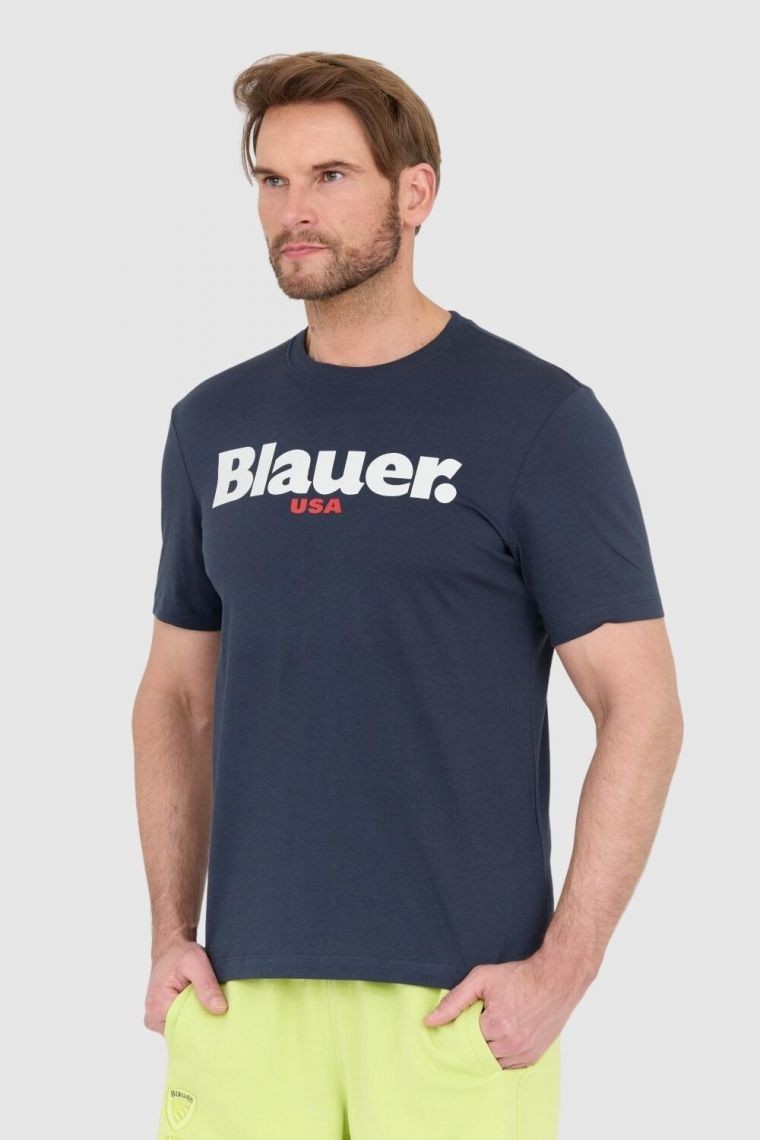 BLAUER Granatowy męski t-shirt z dużym logo