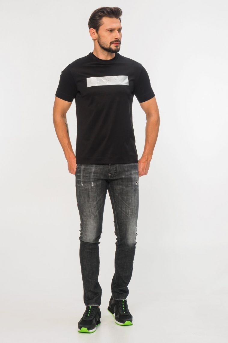 EMPORIO ARMANI Black men's t-shirt with silver logo