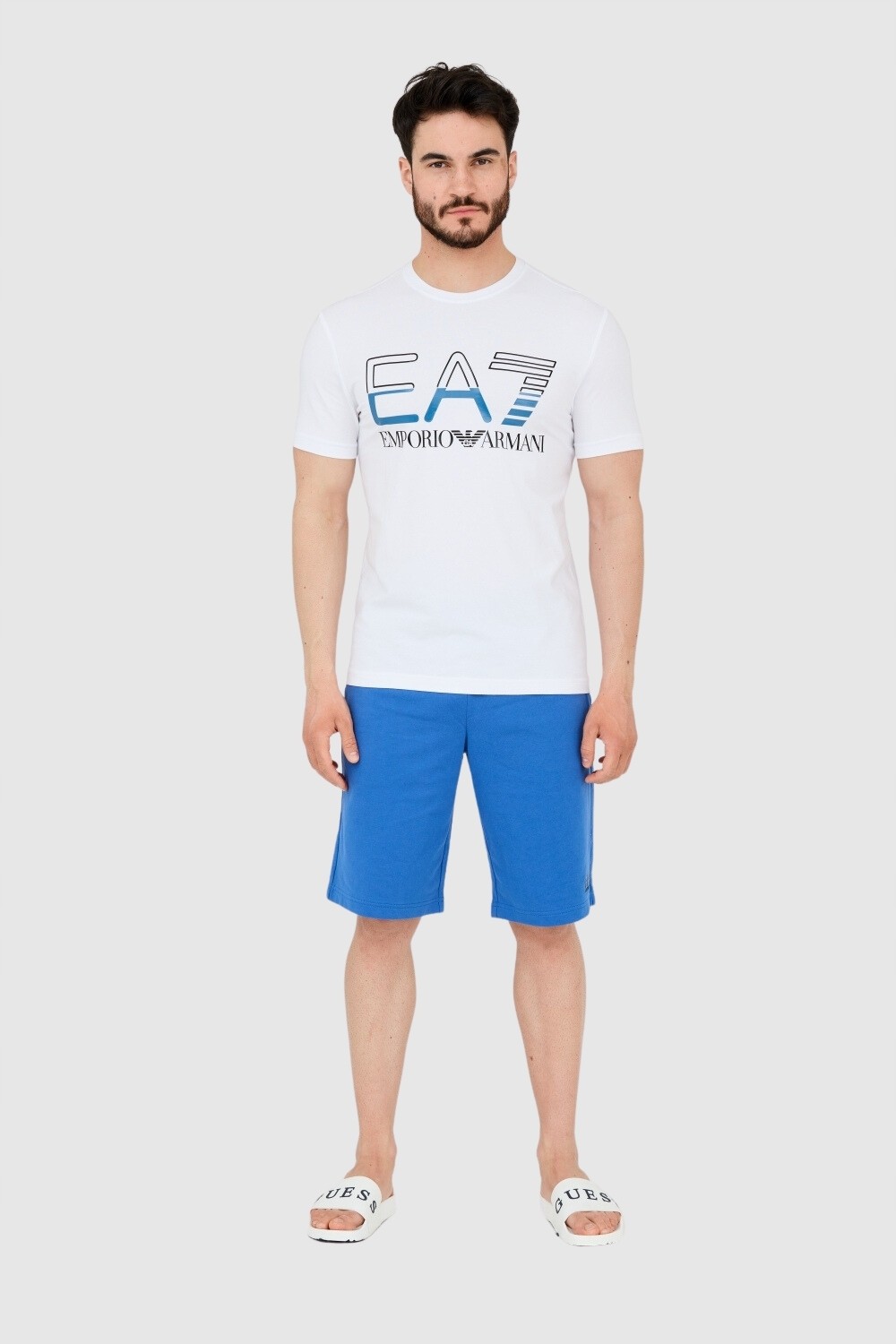 EA7 T-shirt męski biały z dużym czarnym logo