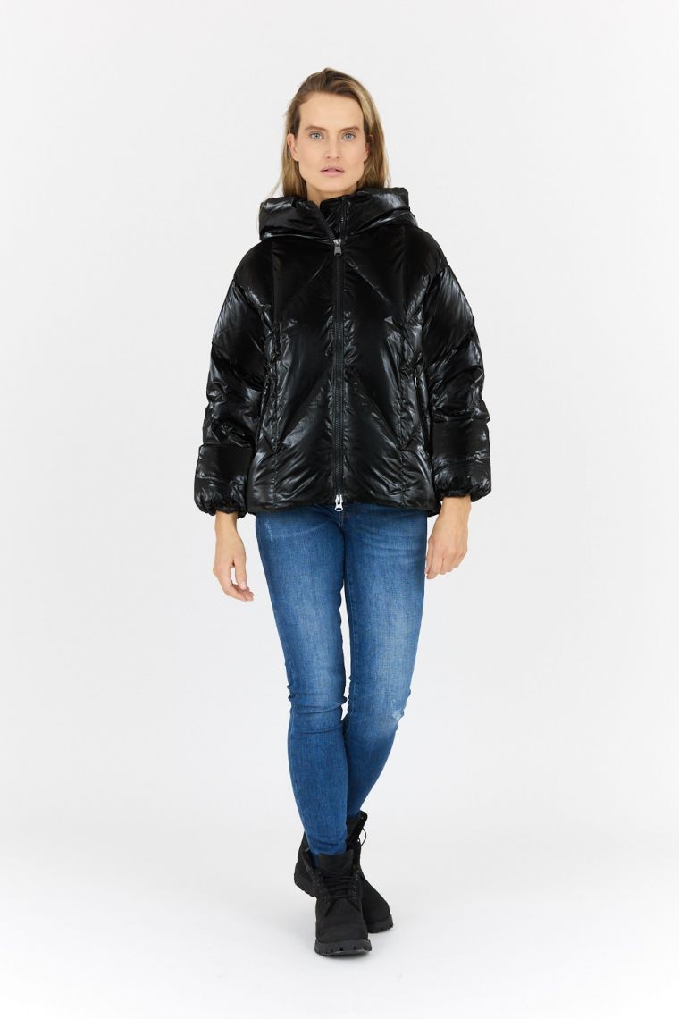HETREGO Czarna błyszcząca kurtka damska z kapturem Muriel