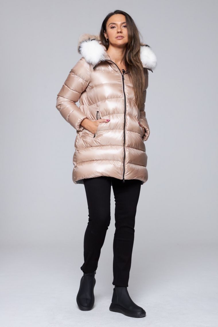 HETREGO Beige long Hygiea down jacket with foxing