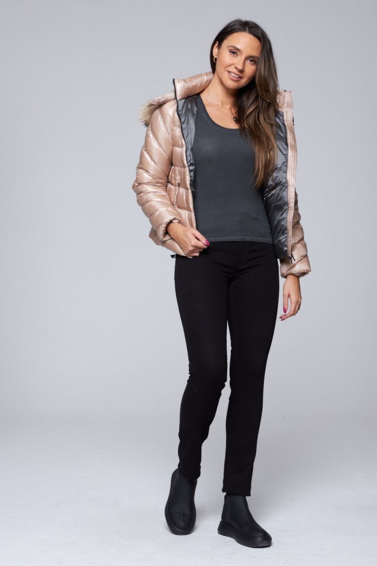 HETREGO Beżowa puchowa kurtka Holly z odczepianym kapturem