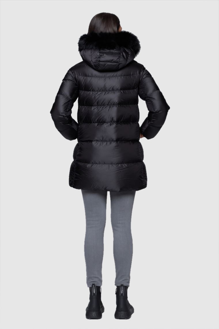 HETREGO Czarna długa kurtka puchowa Hanna z lisem