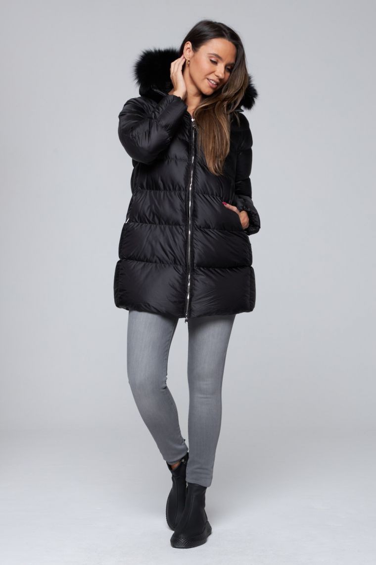 HETREGO Czarna długa kurtka puchowa Hanna z lisem