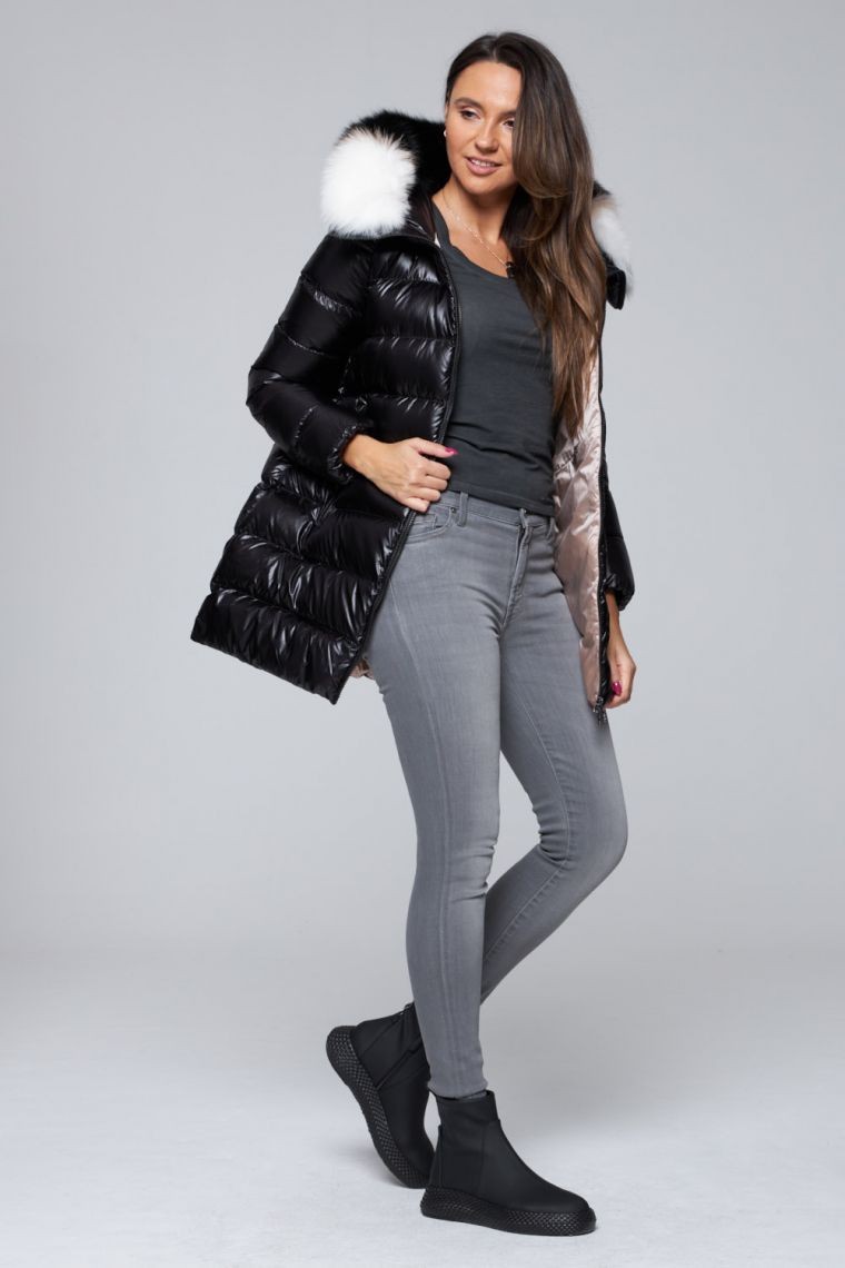 HETREGO Сzarna długa kurtka puchowa Gygiea z lisem