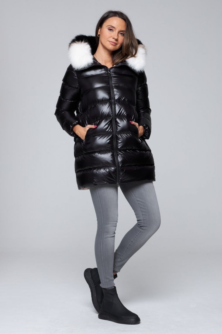 HETREGO Сzarna długa kurtka puchowa Gygiea z lisem