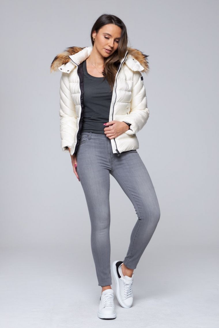 HETREGO Ecru puchowa kurtka Holly z odczepianym kapturem