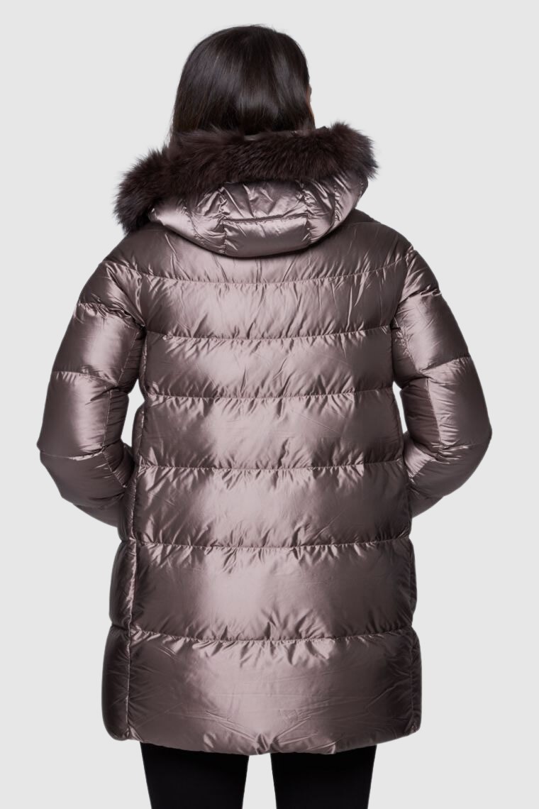 HETREGO Taupe długa kurtka puchowa Hanna z lisem