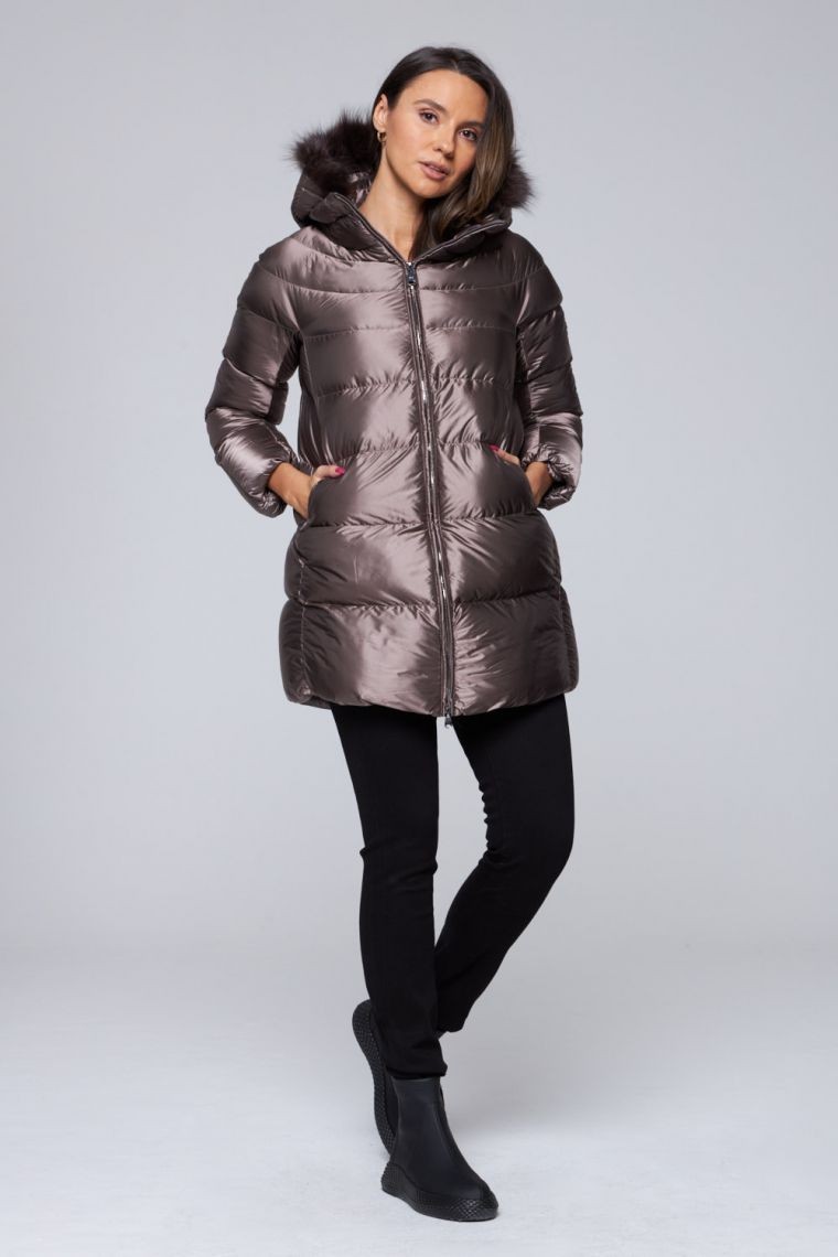 HETREGO Taupe długa kurtka puchowa Hanna z lisem