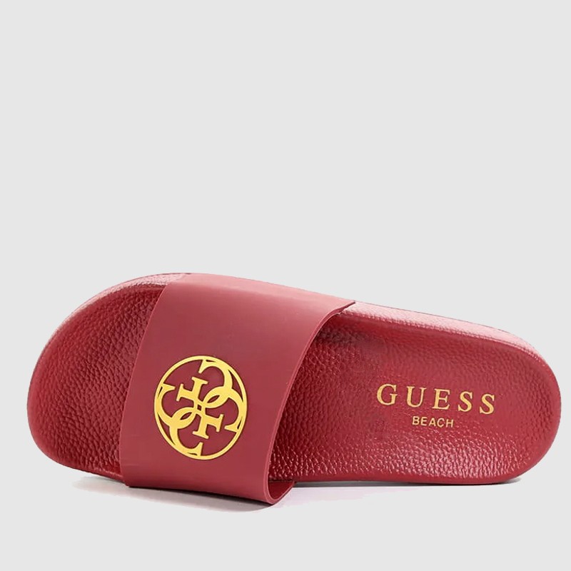 GUESS Bordowe klapki damskie ze złotym logo
