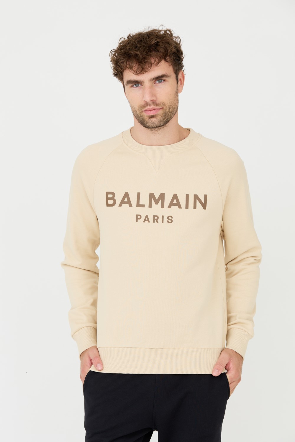 BALMAIN Beżowa bluza Printed Sweatshirt