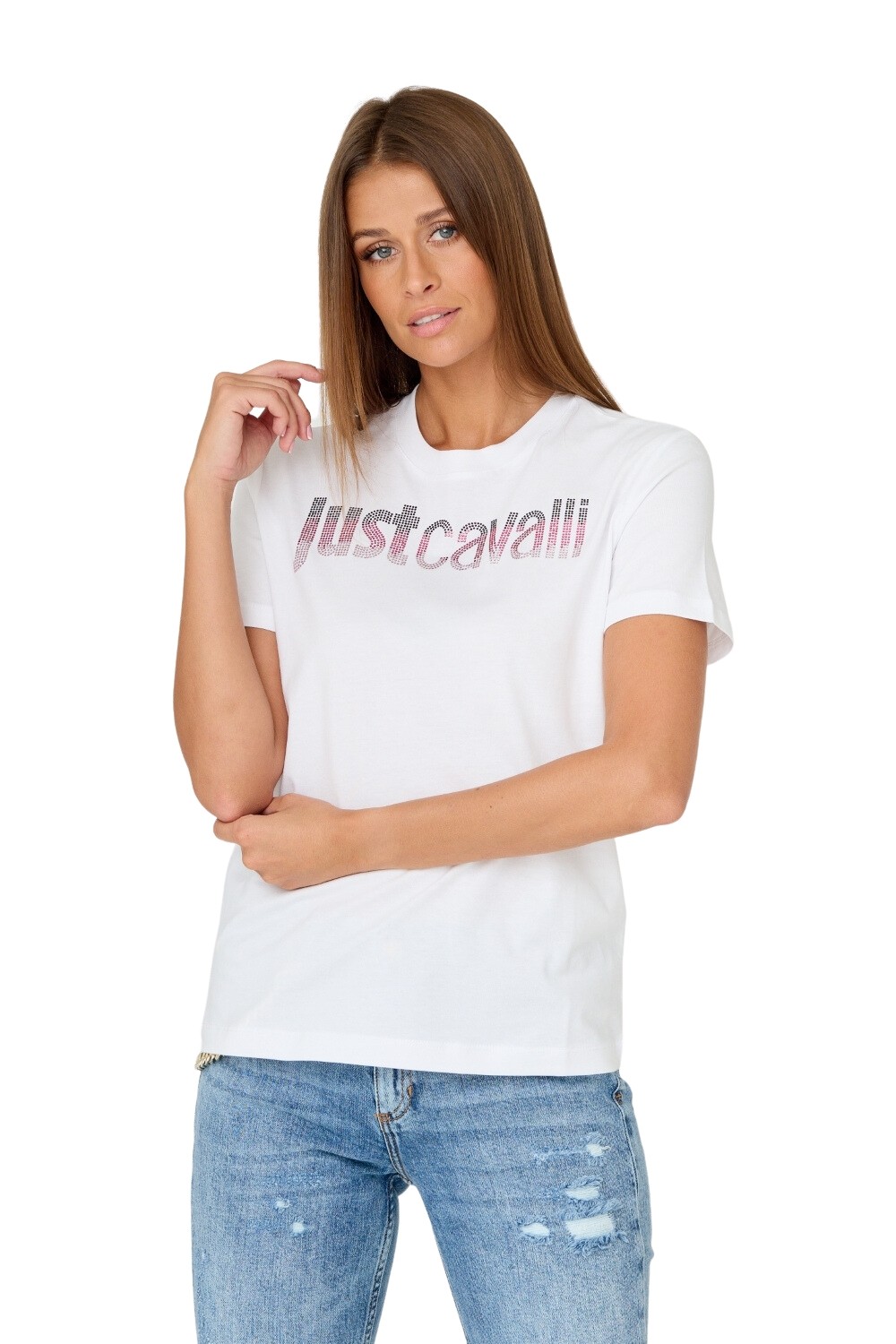 JUST CAVALLI Biały t-shirt R LOGO CRYSTAL