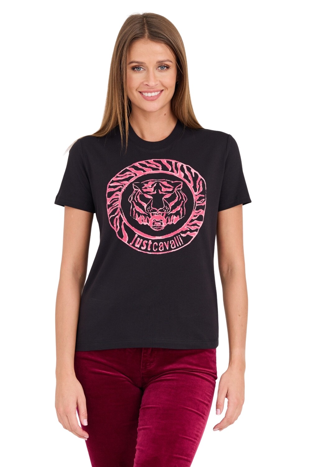 JUST CAVALLI Czarny t-shirt R Tiger Round Flock