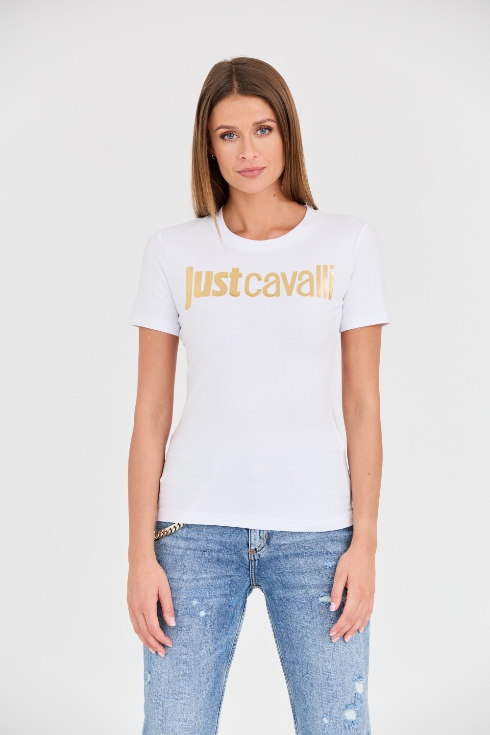 JUST CAVALLI Biały t-shirt Logo Gold