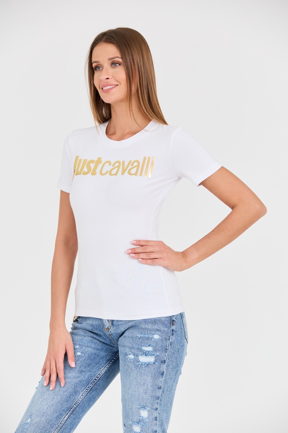 JUST CAVALLI Biały t-shirt Logo Gold