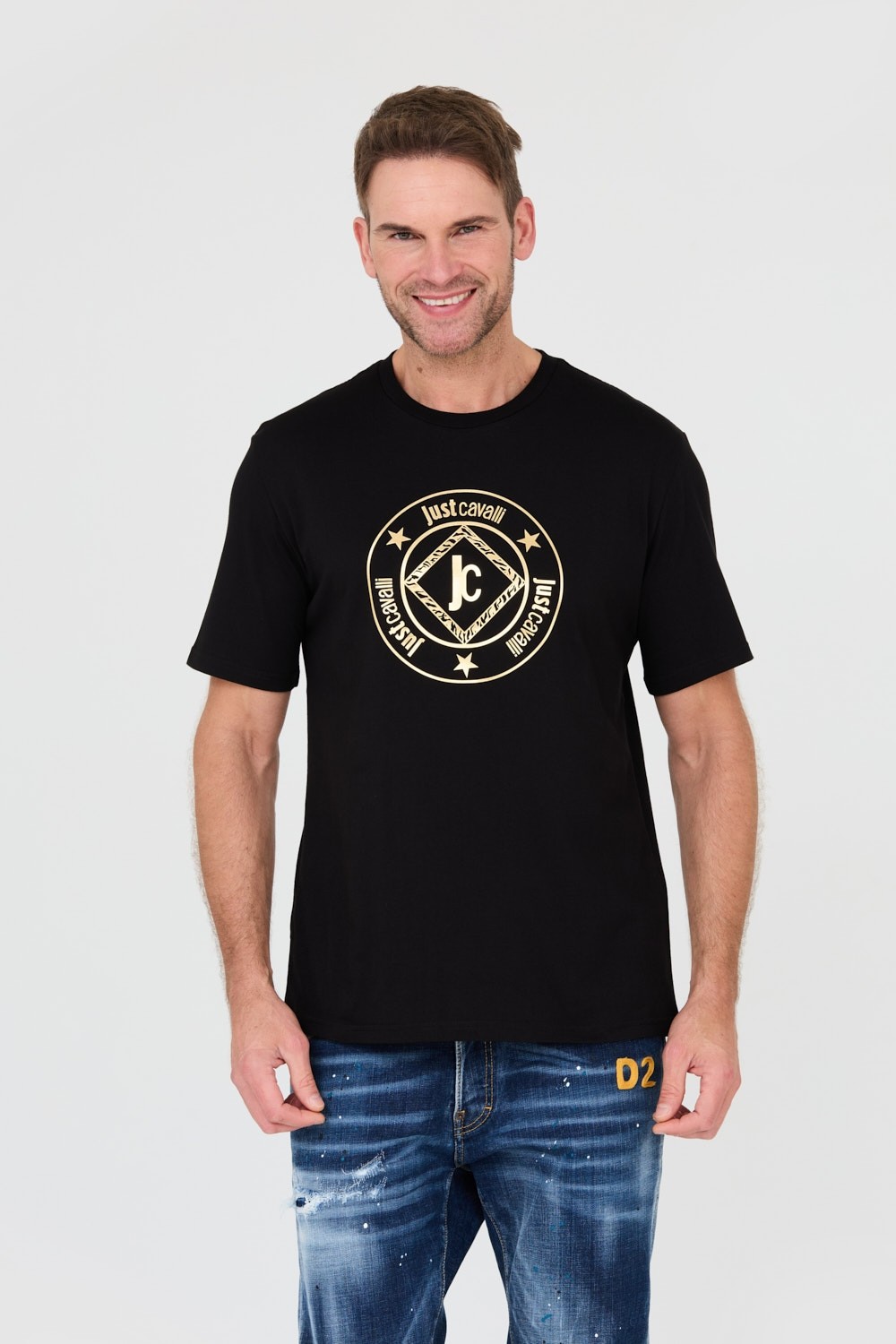 JUST CAVALLI Czarny t-shirt Fiche Gold