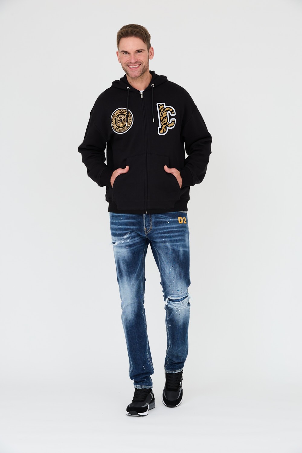 JUST CAVALLI Black hoodie with Mix Patches
