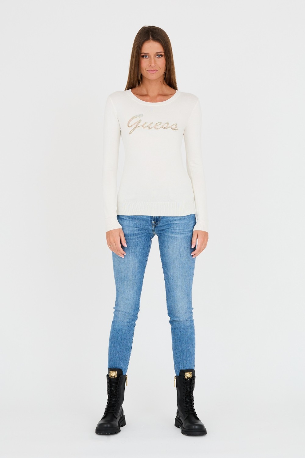 GUESS Beżowy sweter z cyrkoniami