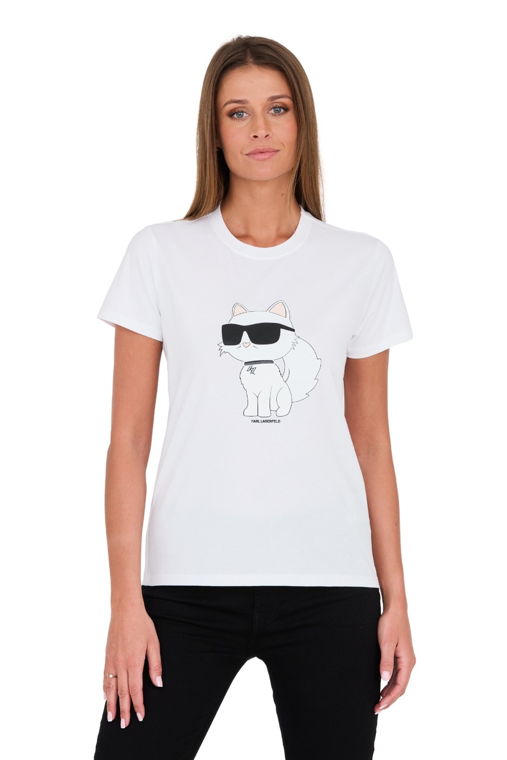 KARL LAGERFELD White t-shirt with catKARL LAGERFELD Biały t-shirt z kotem