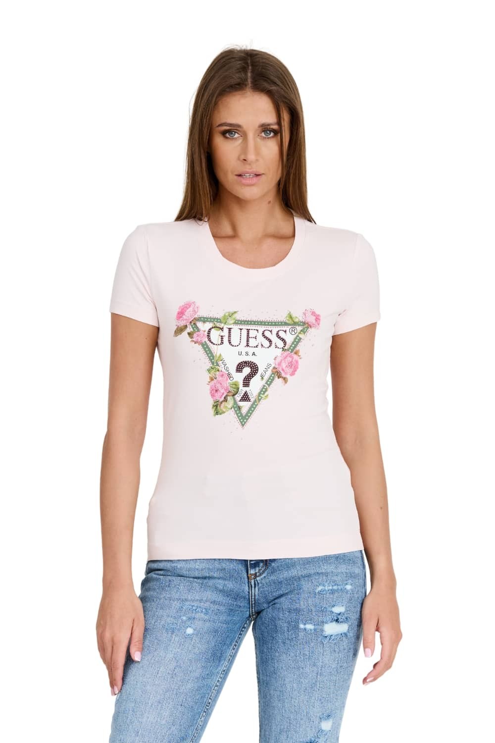 GUESS Różowy t-shirt Floral Triangle Tee