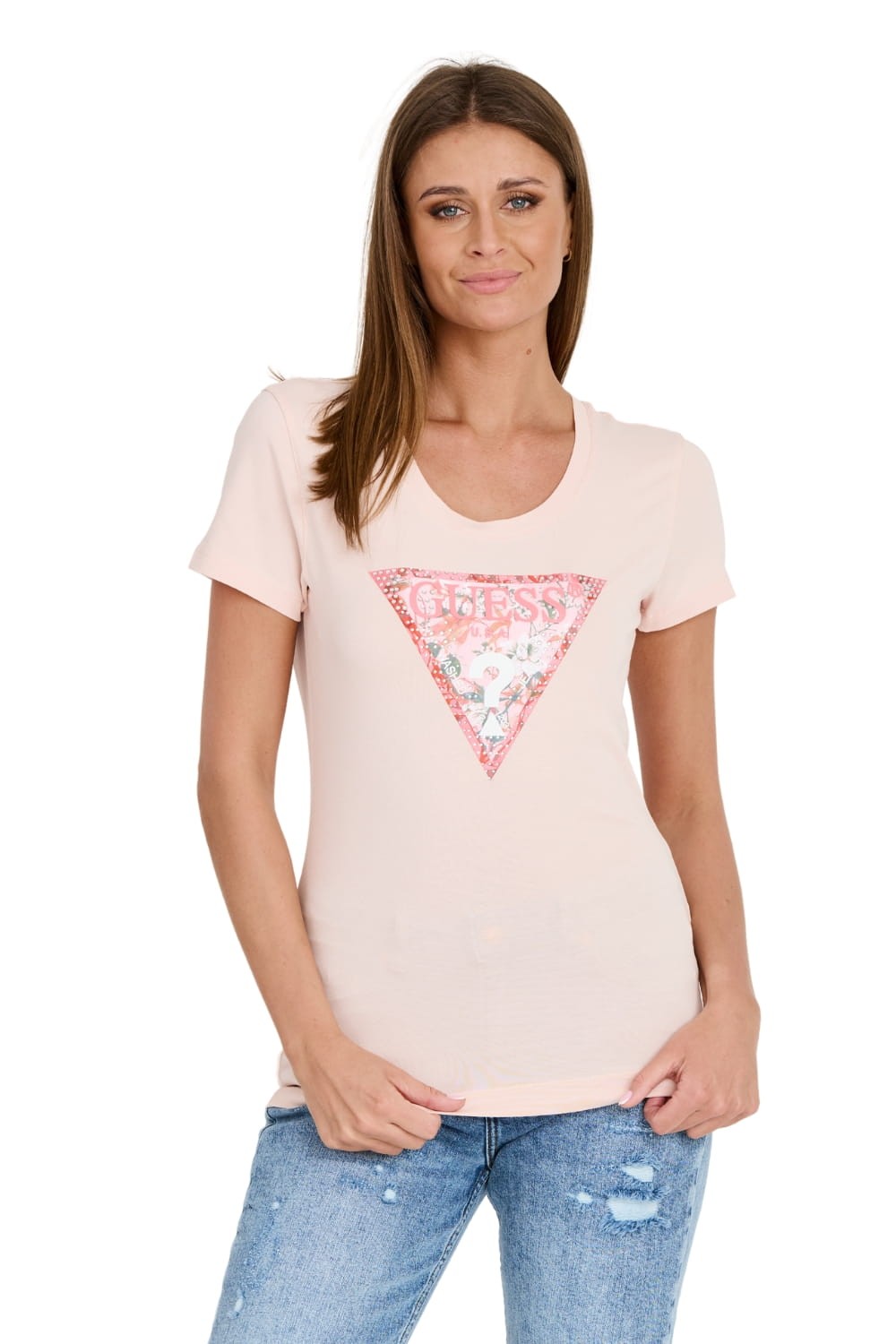 GUESS Różowy t-shirt Satin Triangle Tee