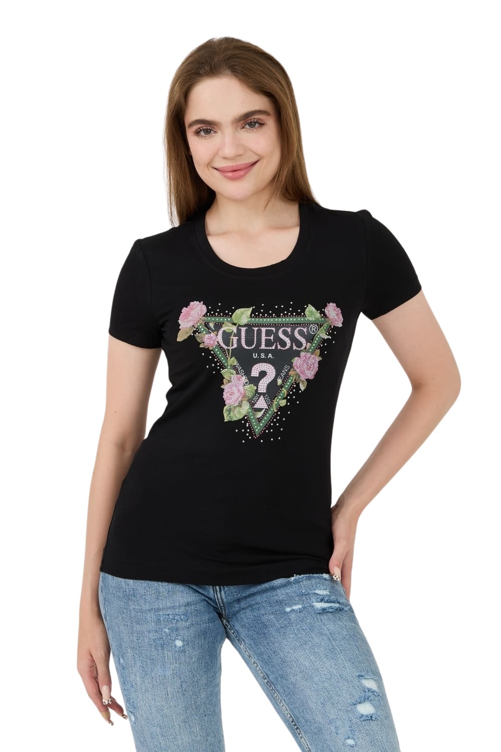 GUESS Czarny t-shirt Floral Triangle Tee