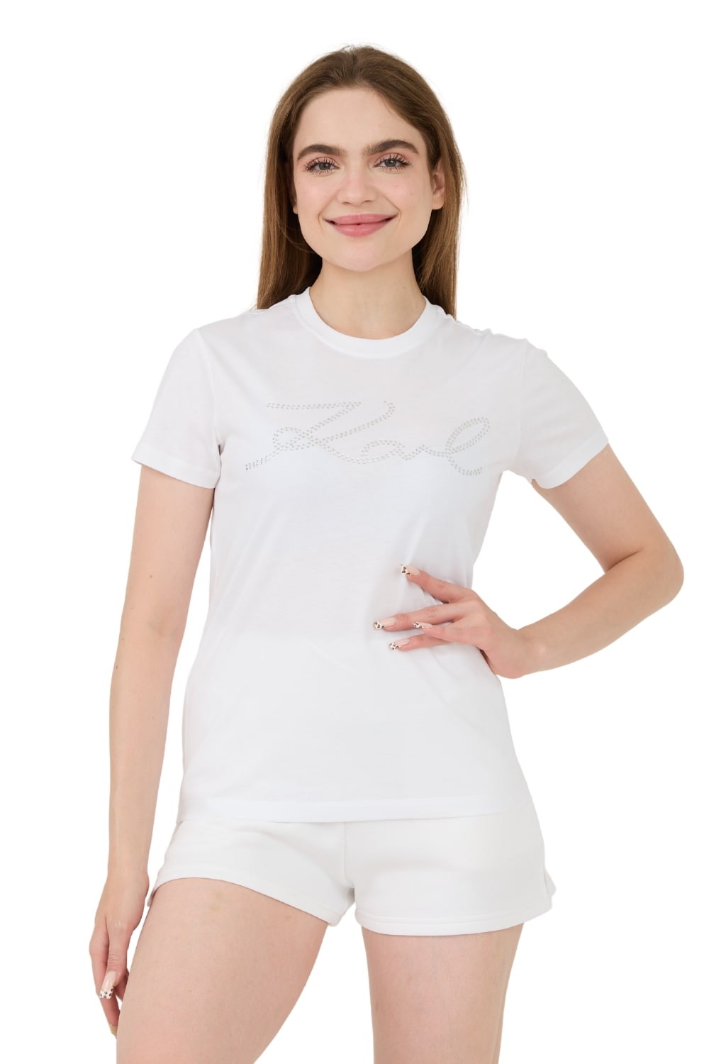 KARL LAGERFELD Biały t-shirt Rhinestone Logo
