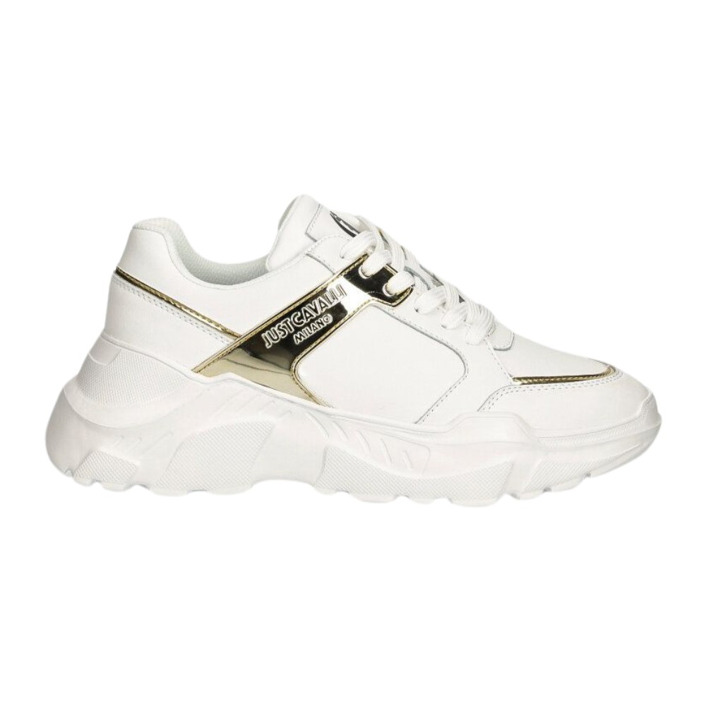 JUST CAVALLI Białe sneakersy ze złotym logo Fondo Casper