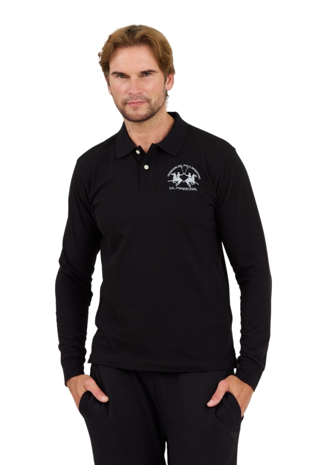 LA MARTINA Czarny longsleeve polo Piquet Stretch